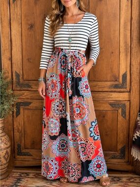Boho maxi Striped Mixed-Print Maxi Dress Black, White & Red size L - XL pockets